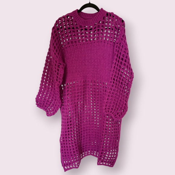 Womens Purple Crochet Knit Sweater Dress Mini Pullover Long Sleeve Open Knit OS - Picture 1 of 9